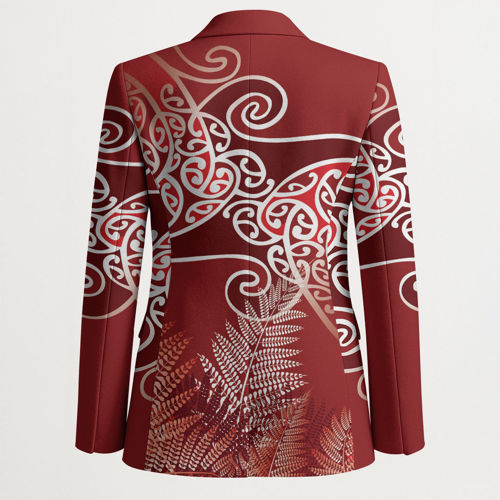 Aotearoa Maori Koru Curves Blazer Silver Ferns - Crimson Red