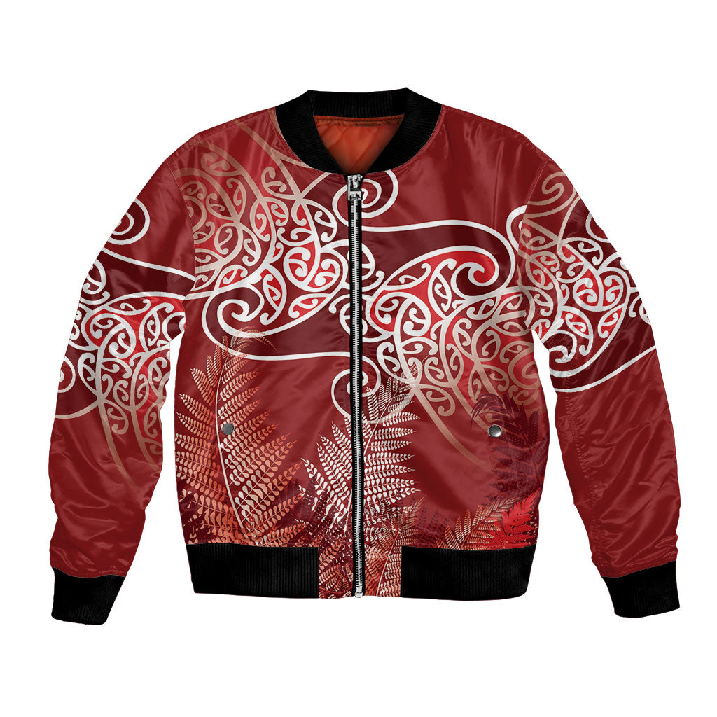 Aotearoa Maori Koru Curves Bomber Jacket Silver Ferns - Crimson Red
