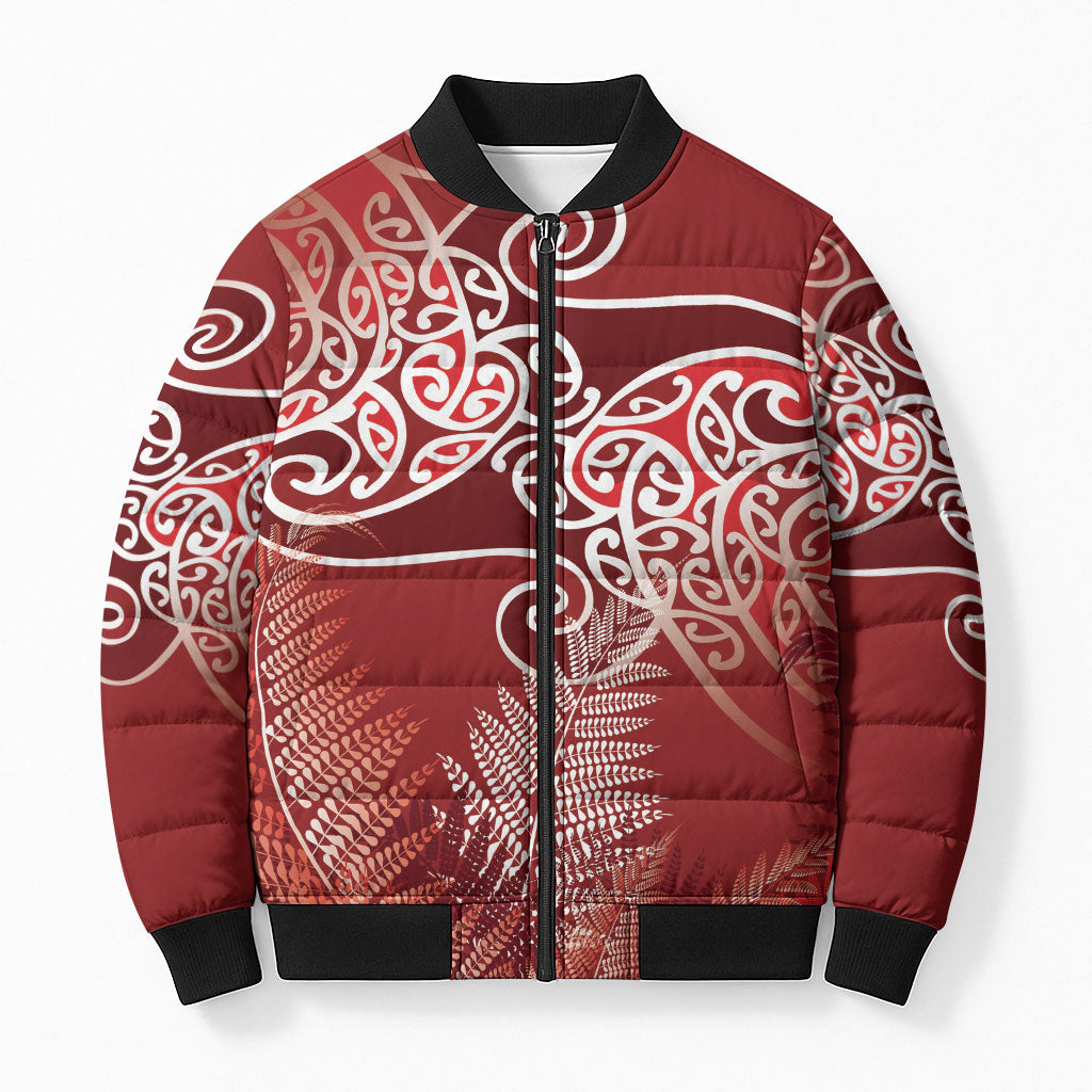 Aotearoa Maori Koru Curves Bomber Puffer Jacket Silver Ferns - Crimson Red