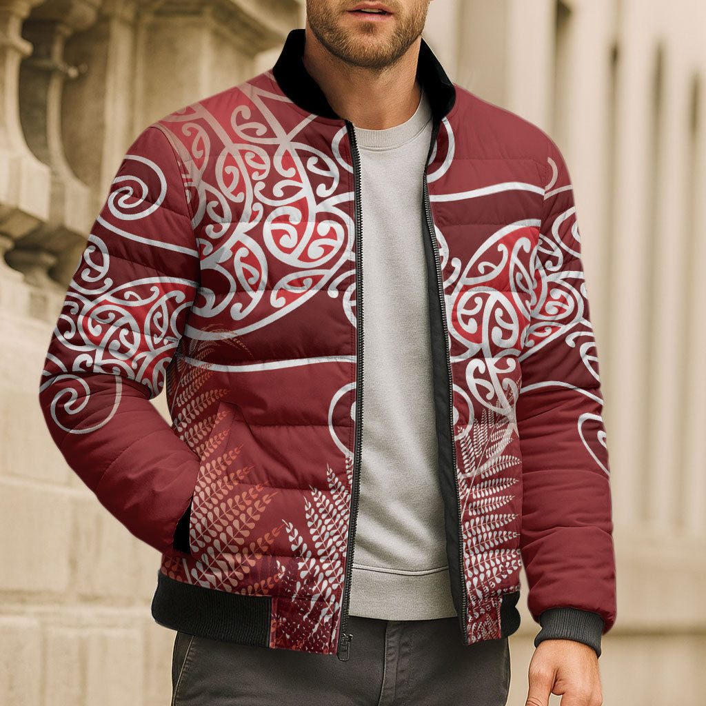 Aotearoa Maori Koru Curves Bomber Puffer Jacket Silver Ferns - Crimson Red