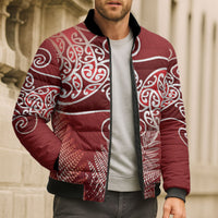 Aotearoa Maori Koru Curves Bomber Puffer Jacket Silver Ferns - Crimson Red