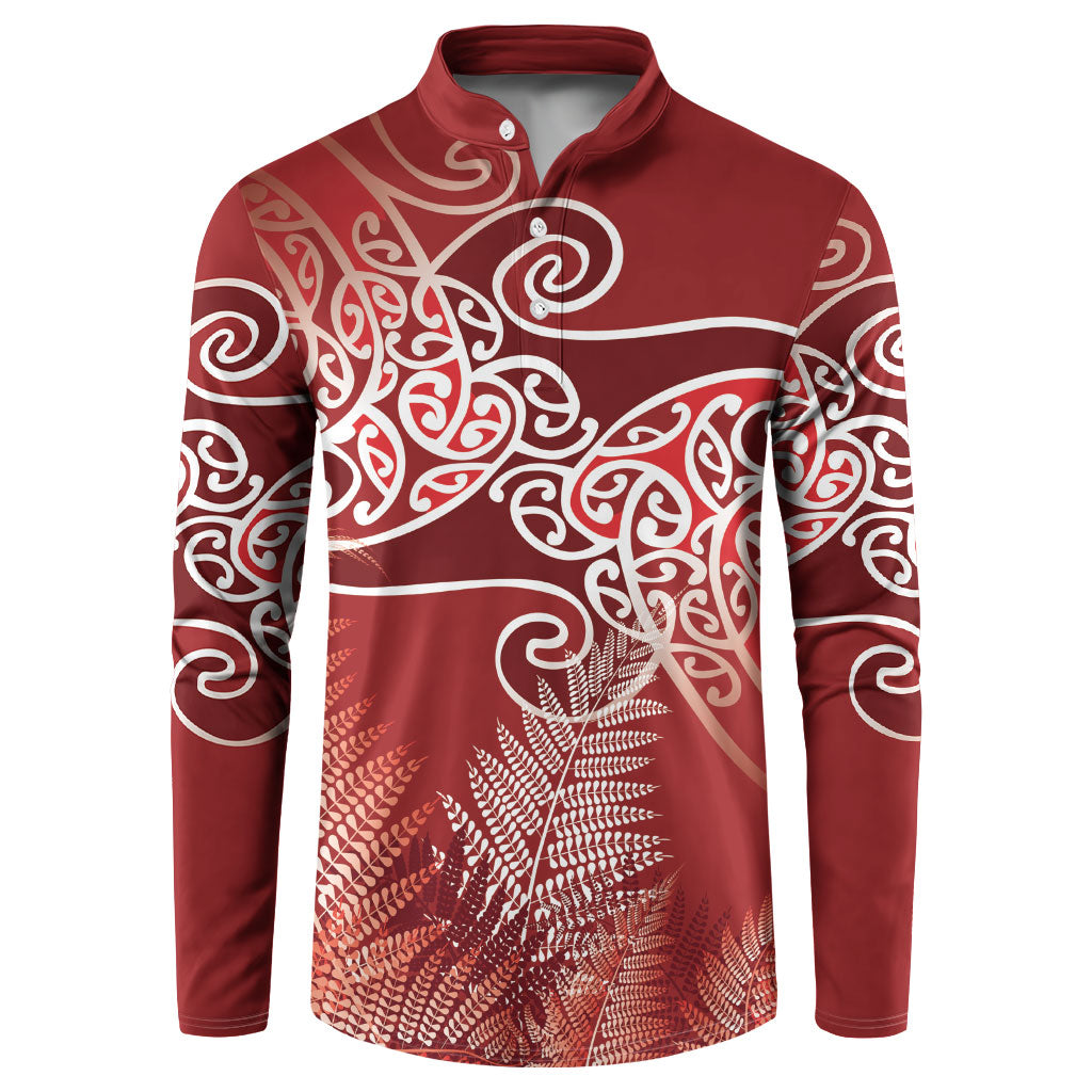 Aotearoa Maori Koru Curves Button Sweatshirt Silver Ferns - Crimson Red