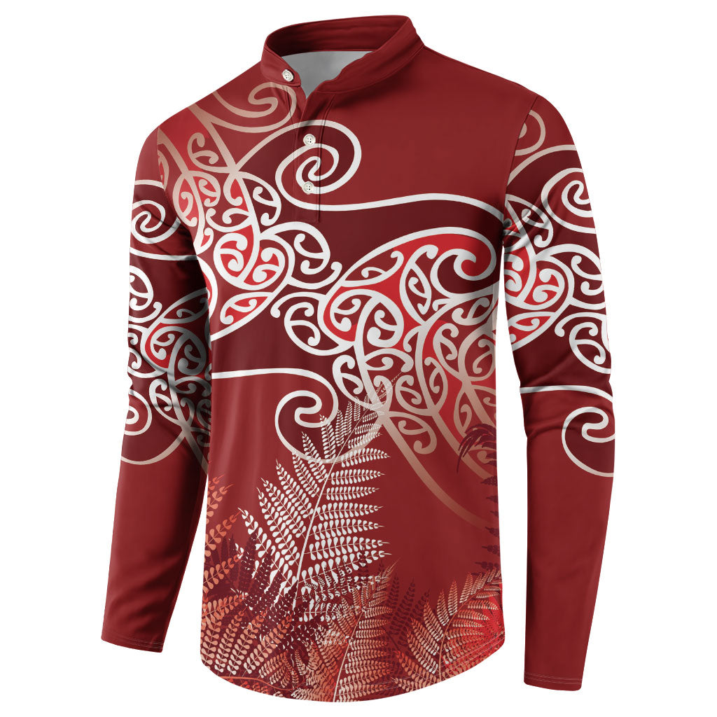 Aotearoa Maori Koru Curves Button Sweatshirt Silver Ferns - Crimson Red