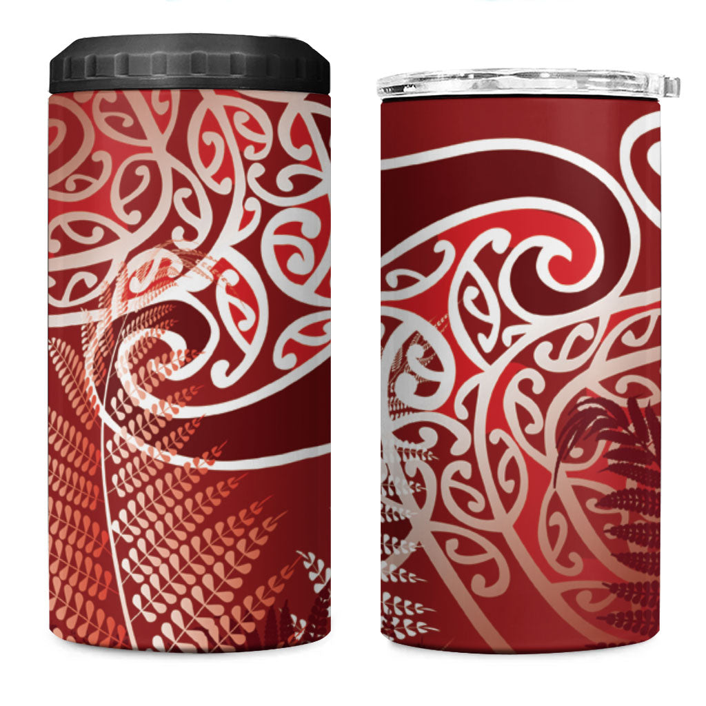 Aotearoa Maori Koru Curves 4 in 1 Can Cooler Tumbler Silver Ferns - Crimson Red