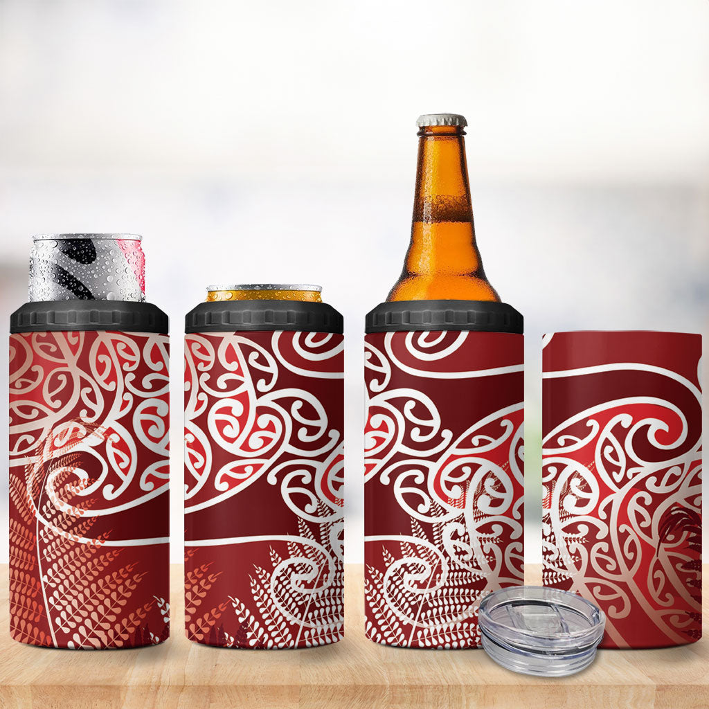 Aotearoa Maori Koru Curves 4 in 1 Can Cooler Tumbler Silver Ferns - Crimson Red