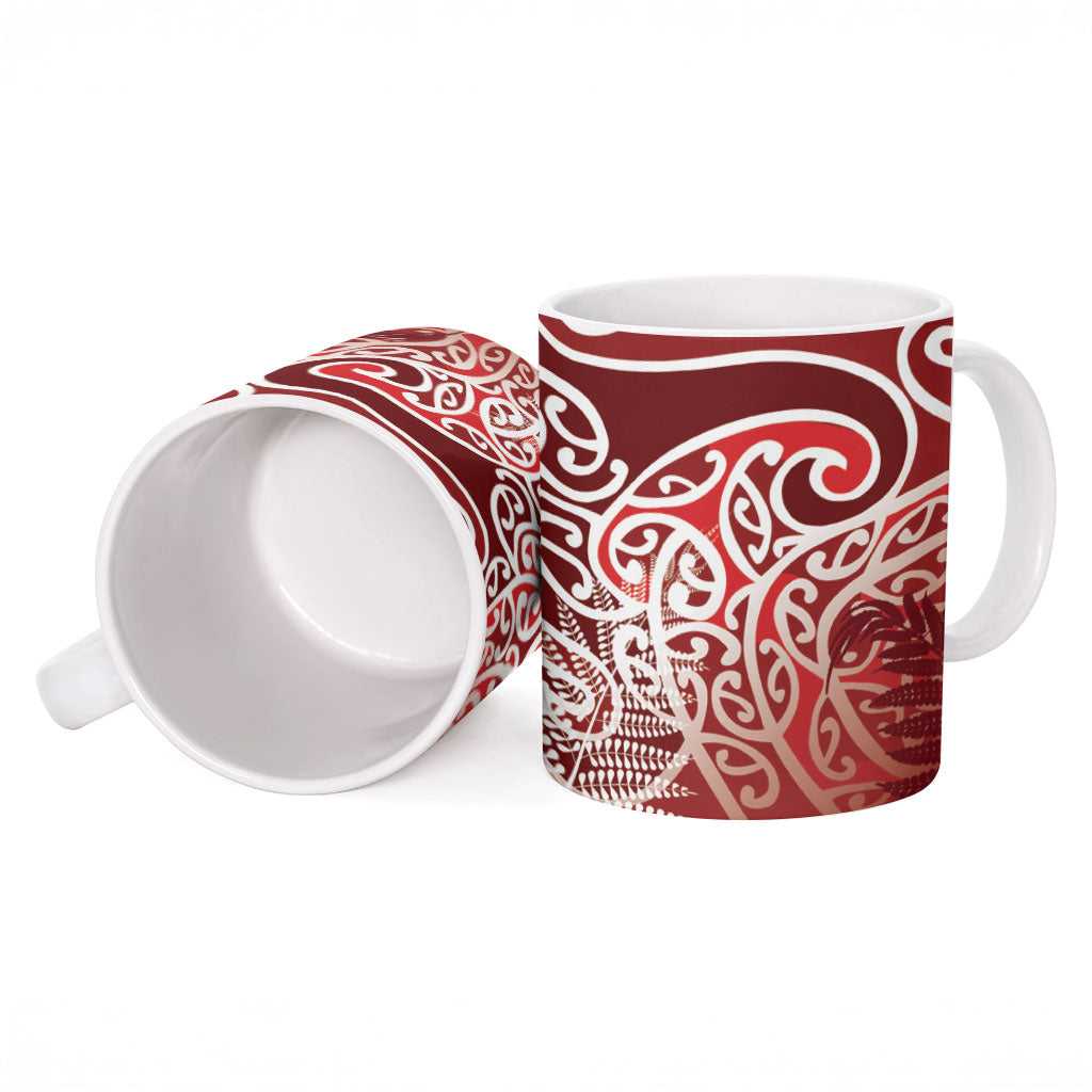 Aotearoa Maori Koru Curves Ceramic Mug Silver Ferns - Crimson Red
