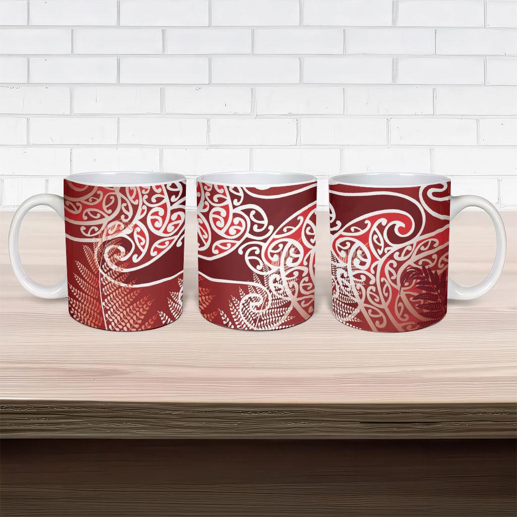 Aotearoa Maori Koru Curves Ceramic Mug Silver Ferns - Crimson Red