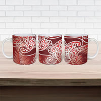 Aotearoa Maori Koru Curves Ceramic Mug Silver Ferns - Crimson Red