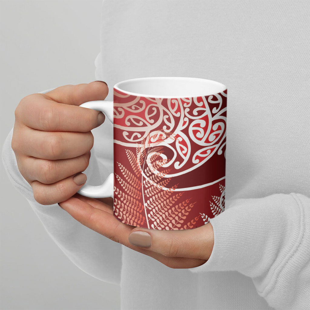 Aotearoa Maori Koru Curves Ceramic Mug Silver Ferns - Crimson Red