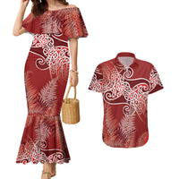 Aotearoa Maori Koru Curves Couples Matching Mermaid Dress and Hawaiian Shirt Silver Ferns - Crimson Red