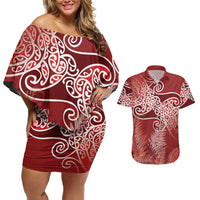 Aotearoa Maori Koru Curves Couples Matching Off Shoulder Short Dress and Hawaiian Shirt Silver Ferns - Crimson Red