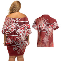 Aotearoa Maori Koru Curves Couples Matching Off Shoulder Short Dress and Hawaiian Shirt Silver Ferns - Crimson Red