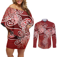 Aotearoa Maori Koru Curves Couples Matching Off Shoulder Short Dress and Long Sleeve Button Shirt Silver Ferns - Crimson Red