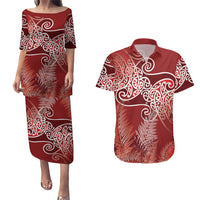 Aotearoa Maori Koru Curves Couples Matching Puletasi and Hawaiian Shirt Silver Ferns - Crimson Red