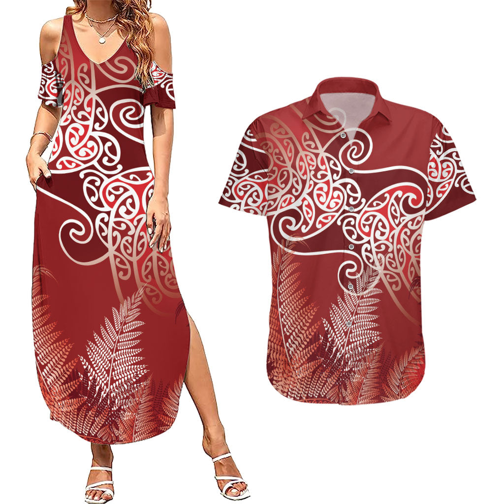 Aotearoa Maori Koru Curves Couples Matching Summer Maxi Dress and Hawaiian Shirt Silver Ferns - Crimson Red