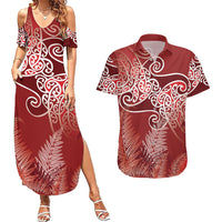 Aotearoa Maori Koru Curves Couples Matching Summer Maxi Dress and Hawaiian Shirt Silver Ferns - Crimson Red