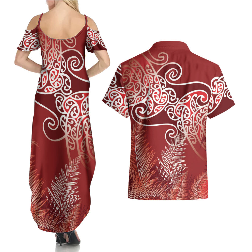 Aotearoa Maori Koru Curves Couples Matching Summer Maxi Dress and Hawaiian Shirt Silver Ferns - Crimson Red