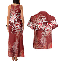 Aotearoa Maori Koru Curves Couples Matching Tank Maxi Dress and Hawaiian Shirt Silver Ferns - Crimson Red