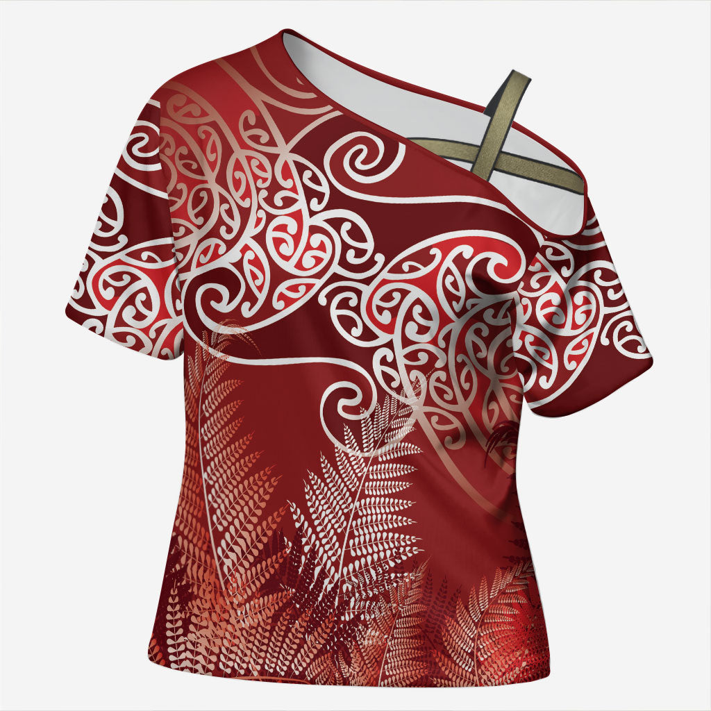 Aotearoa Maori Koru Curves Cross Shoulder Shirt Silver Ferns - Crimson Red LT7 Female Red - Polynesian Pride