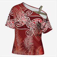 Aotearoa Maori Koru Curves Cross Shoulder Shirt Silver Ferns - Crimson Red LT7 Female Red - Polynesian Pride