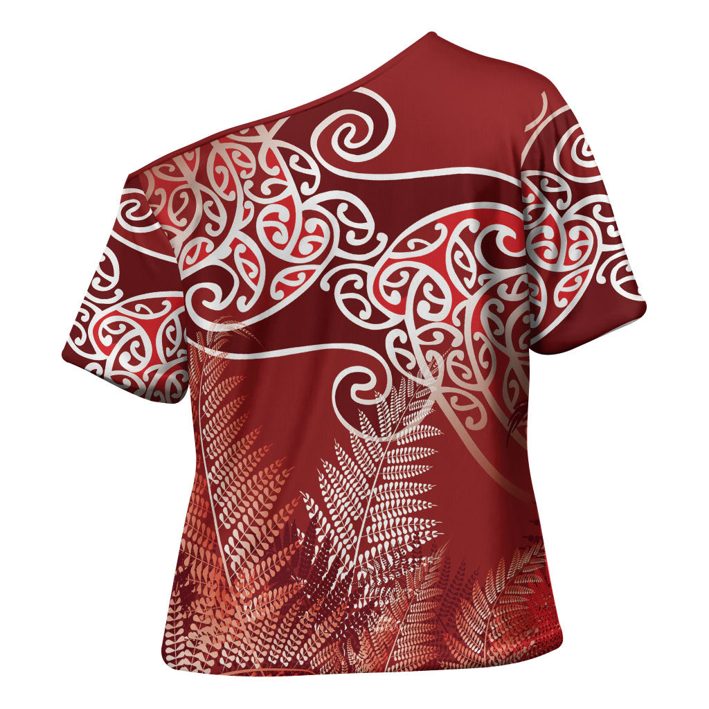 Aotearoa Maori Koru Curves Cross Shoulder Shirt Silver Ferns - Crimson Red LT7 - Polynesian Pride