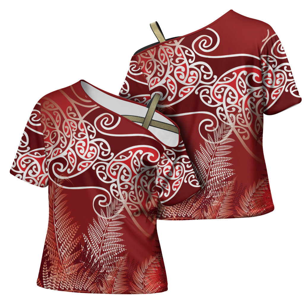 Aotearoa Maori Koru Curves Cross Shoulder Shirt Silver Ferns - Crimson Red LT7 - Polynesian Pride