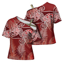 Aotearoa Maori Koru Curves Cross Shoulder Shirt Silver Ferns - Crimson Red LT7 - Polynesian Pride