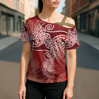 Aotearoa Maori Koru Curves Cross Shoulder Shirt Silver Ferns - Crimson Red LT7 - Polynesian Pride
