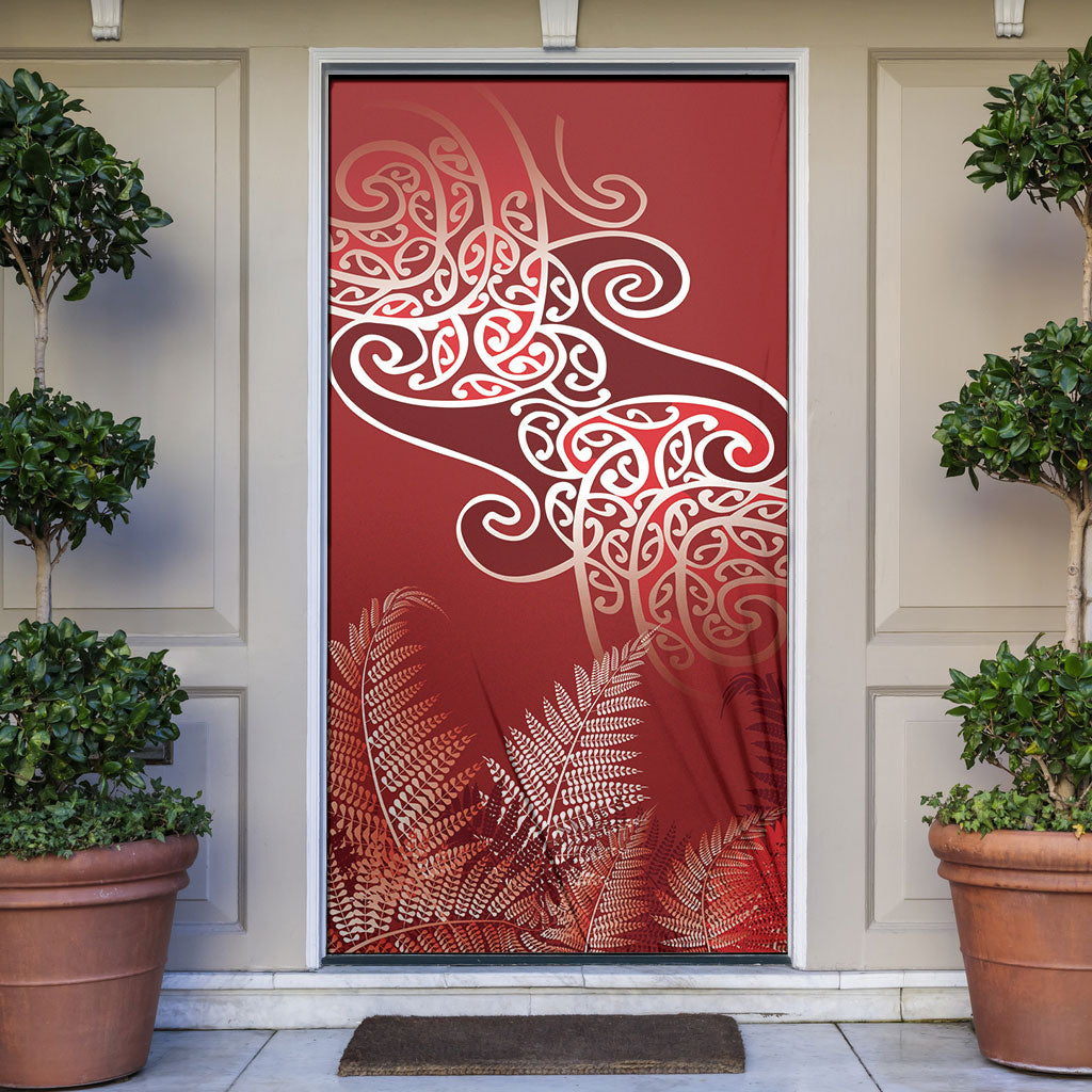 Aotearoa Maori Koru Curves Door Cover Silver Ferns - Crimson Red LT7 Red - Polynesian Pride