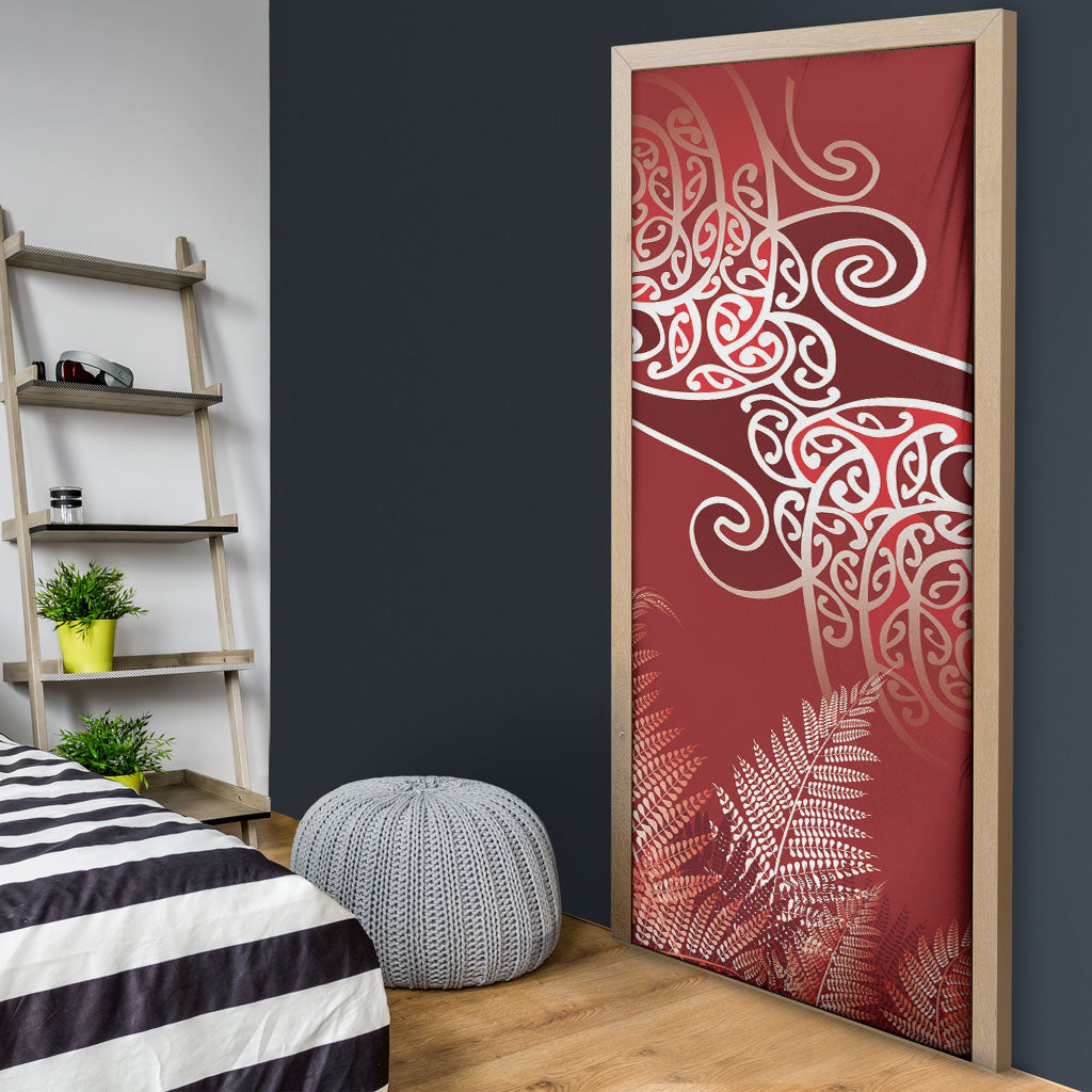 Aotearoa Maori Koru Curves Door Cover Silver Ferns - Crimson Red LT7 - Polynesian Pride