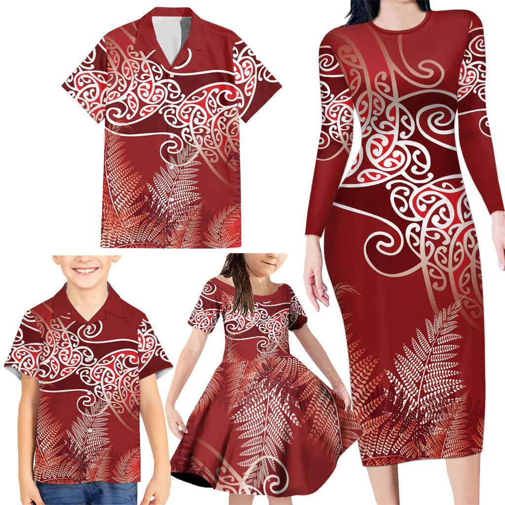 Aotearoa Maori Koru Curves Family Matching Long Sleeve Bodycon Dress and Hawaiian Shirt Silver Ferns - Crimson Red