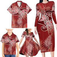 Aotearoa Maori Koru Curves Family Matching Long Sleeve Bodycon Dress and Hawaiian Shirt Silver Ferns - Crimson Red