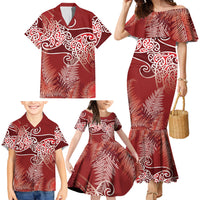 Aotearoa Maori Koru Curves Family Matching Mermaid Dress and Hawaiian Shirt Silver Ferns - Crimson Red