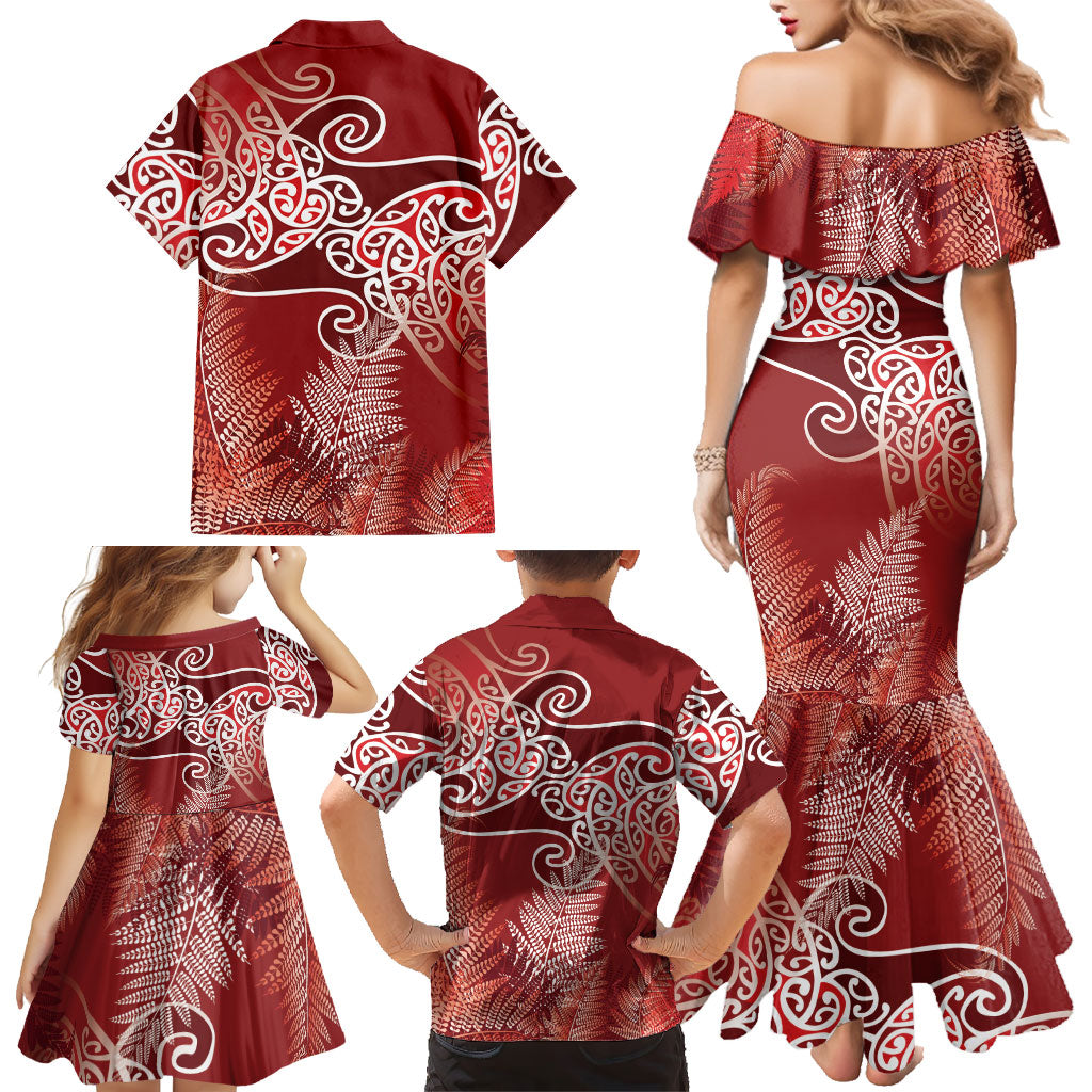 Aotearoa Maori Koru Curves Family Matching Mermaid Dress and Hawaiian Shirt Silver Ferns - Crimson Red