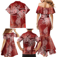 Aotearoa Maori Koru Curves Family Matching Mermaid Dress and Hawaiian Shirt Silver Ferns - Crimson Red