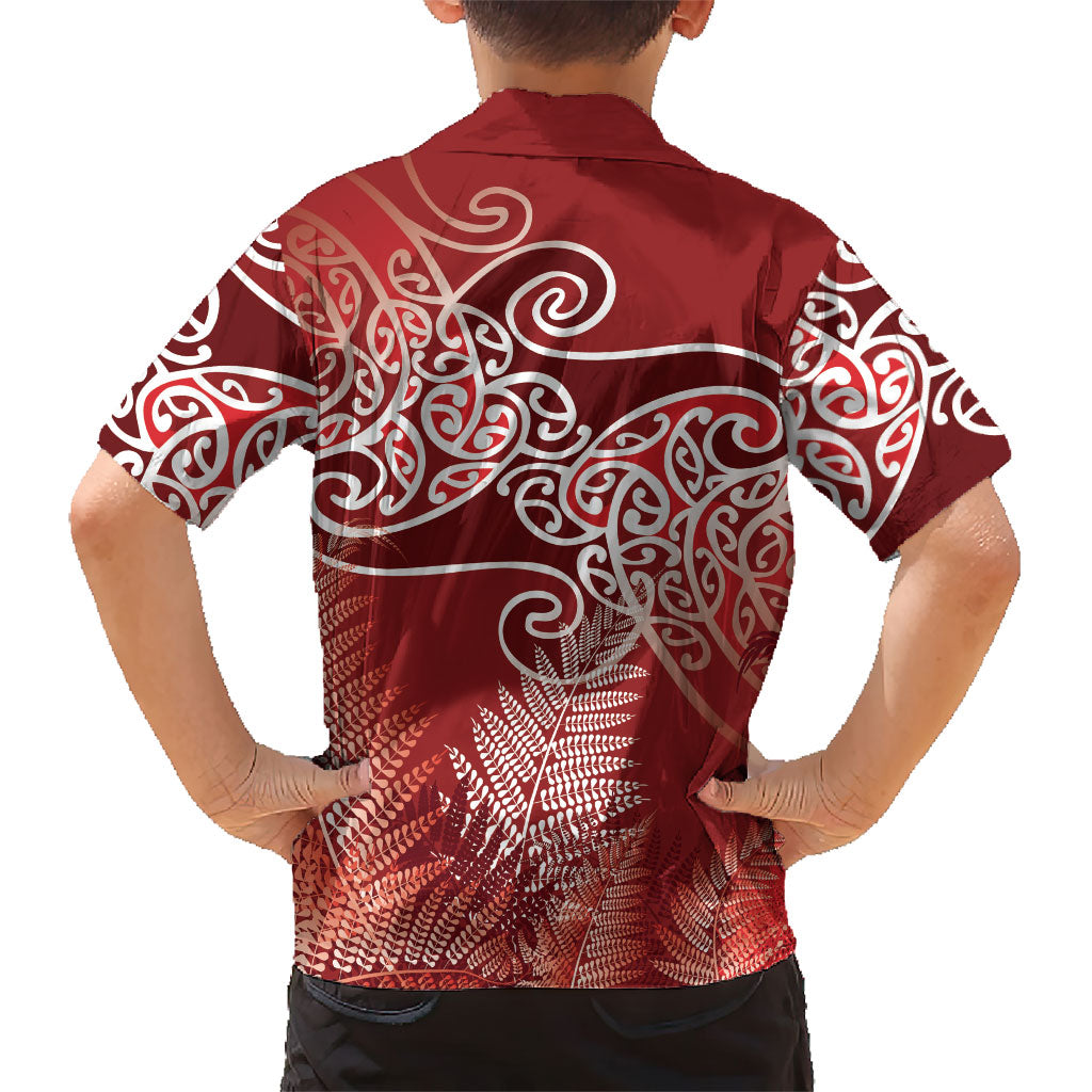 Aotearoa Maori Koru Curves Family Matching Off The Shoulder Long Sleeve Dress and Hawaiian Shirt Silver Ferns - Crimson Red