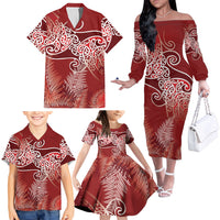Aotearoa Maori Koru Curves Family Matching Off The Shoulder Long Sleeve Dress and Hawaiian Shirt Silver Ferns - Crimson Red