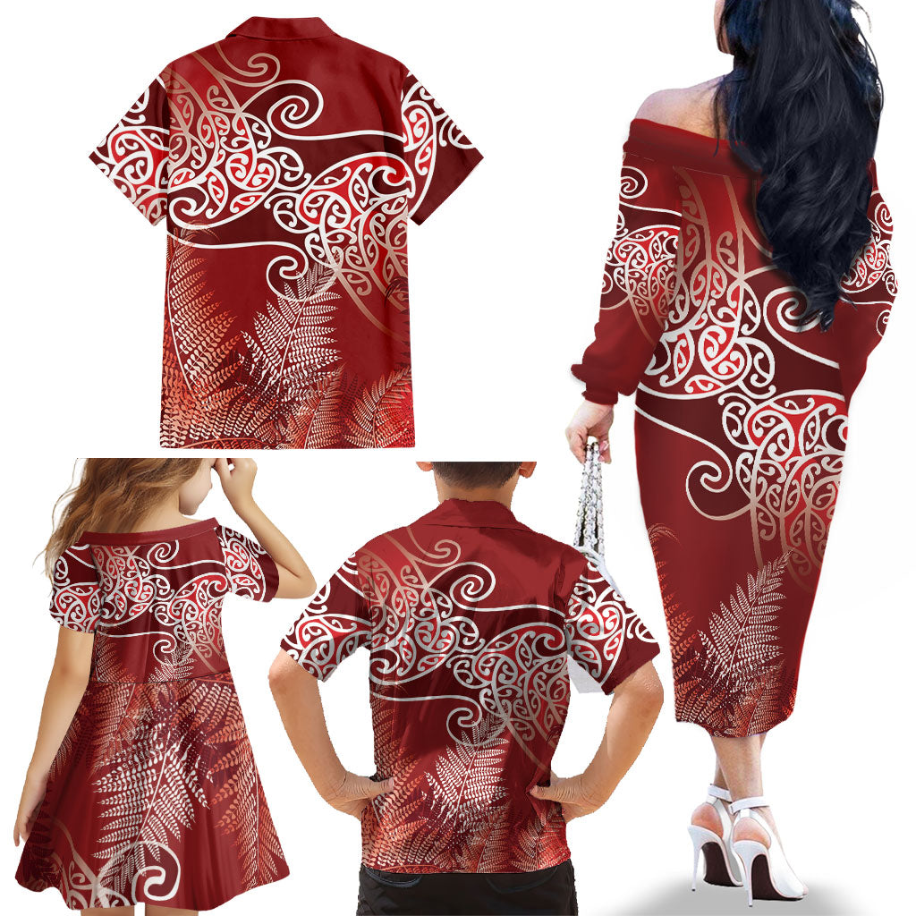 Aotearoa Maori Koru Curves Family Matching Off The Shoulder Long Sleeve Dress and Hawaiian Shirt Silver Ferns - Crimson Red