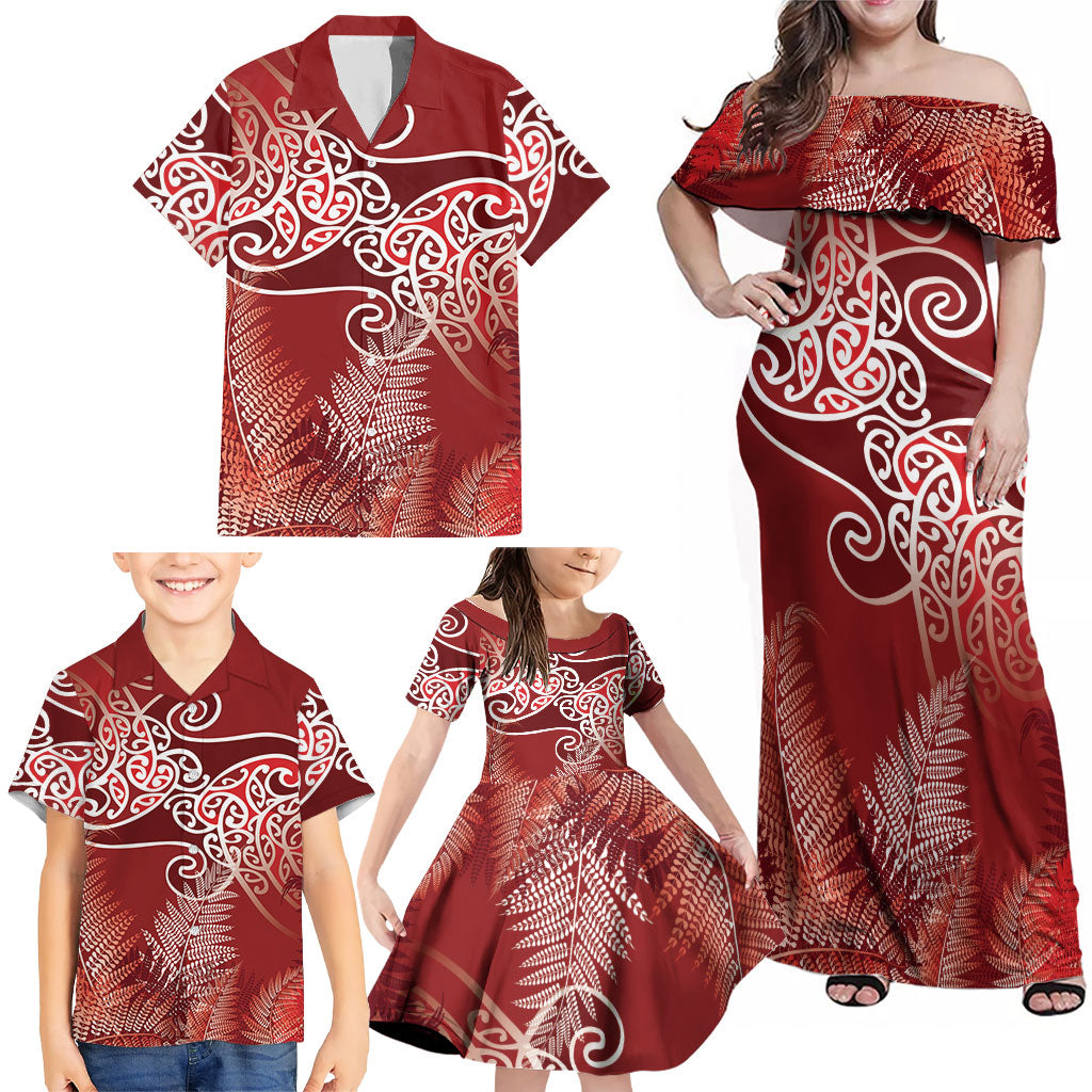 Aotearoa Maori Koru Curves Family Matching Off Shoulder Maxi Dress and Hawaiian Shirt Silver Ferns - Crimson Red