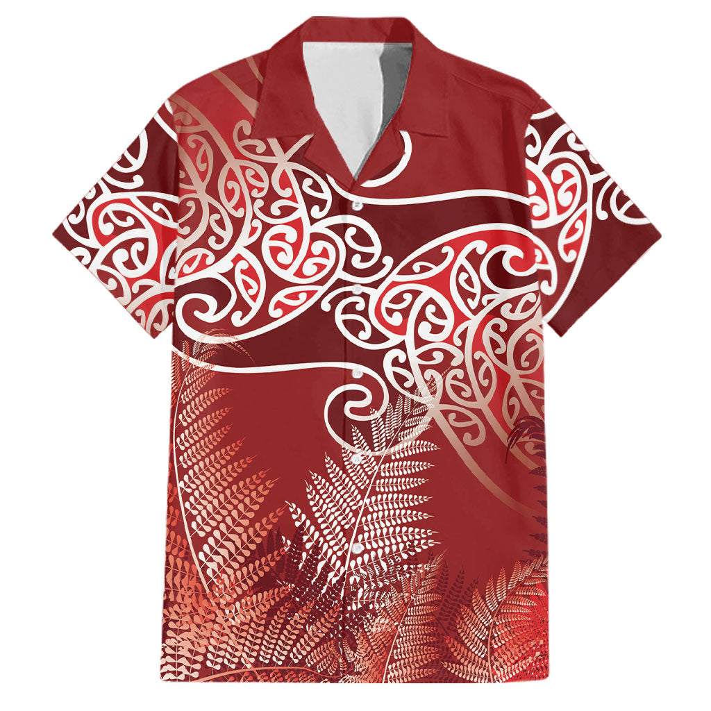 Aotearoa Maori Koru Curves Family Matching Off Shoulder Maxi Dress and Hawaiian Shirt Silver Ferns - Crimson Red