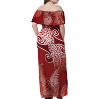 Aotearoa Maori Koru Curves Family Matching Off Shoulder Maxi Dress and Hawaiian Shirt Silver Ferns - Crimson Red