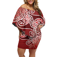 Aotearoa Maori Koru Curves Family Matching Off Shoulder Short Dress and Hawaiian Shirt Silver Ferns - Crimson Red