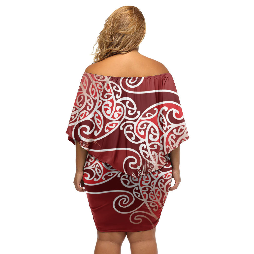 Aotearoa Maori Koru Curves Family Matching Off Shoulder Short Dress and Hawaiian Shirt Silver Ferns - Crimson Red