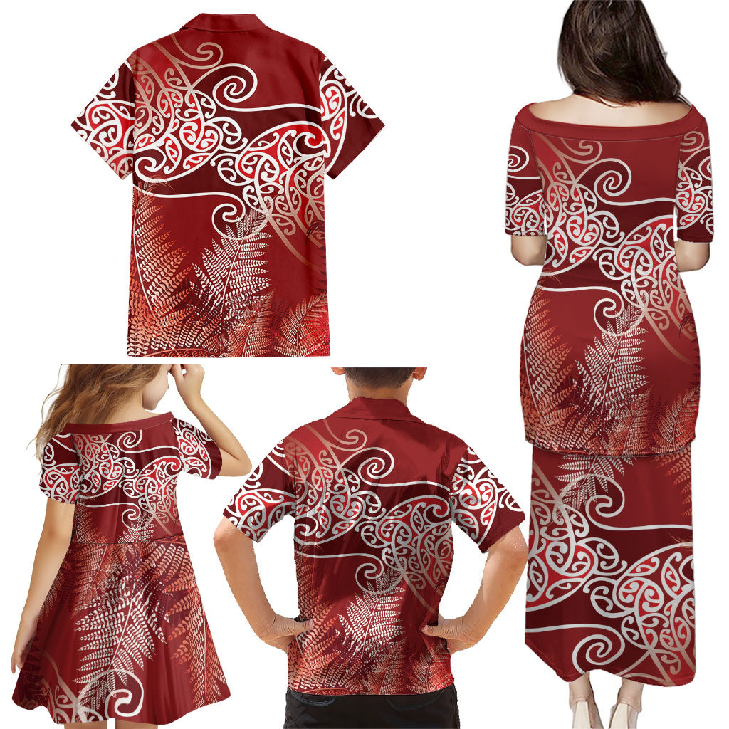 Aotearoa Maori Koru Curves Family Matching Puletasi and Hawaiian Shirt Silver Ferns - Crimson Red