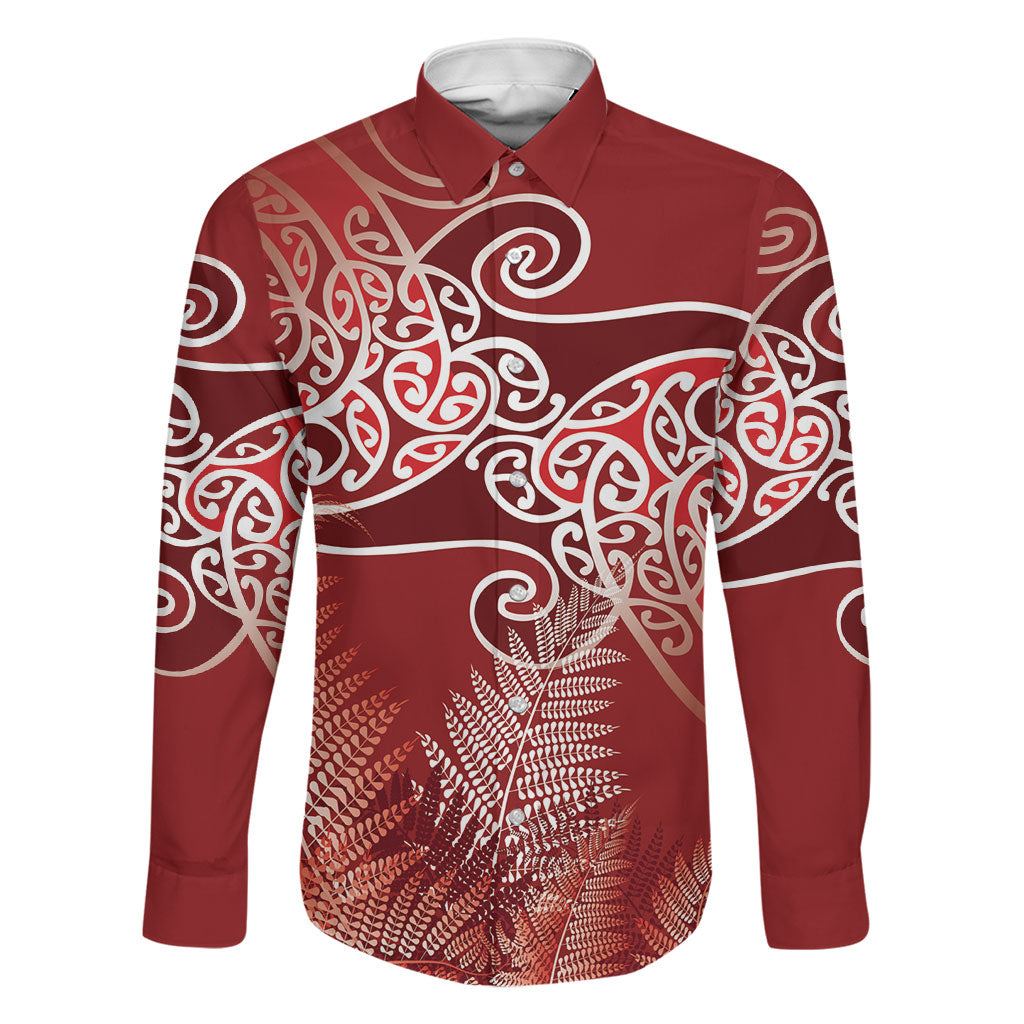 Aotearoa Maori Koru Curves Family Matching Puletasi and Hawaiian Shirt Silver Ferns - Crimson Red