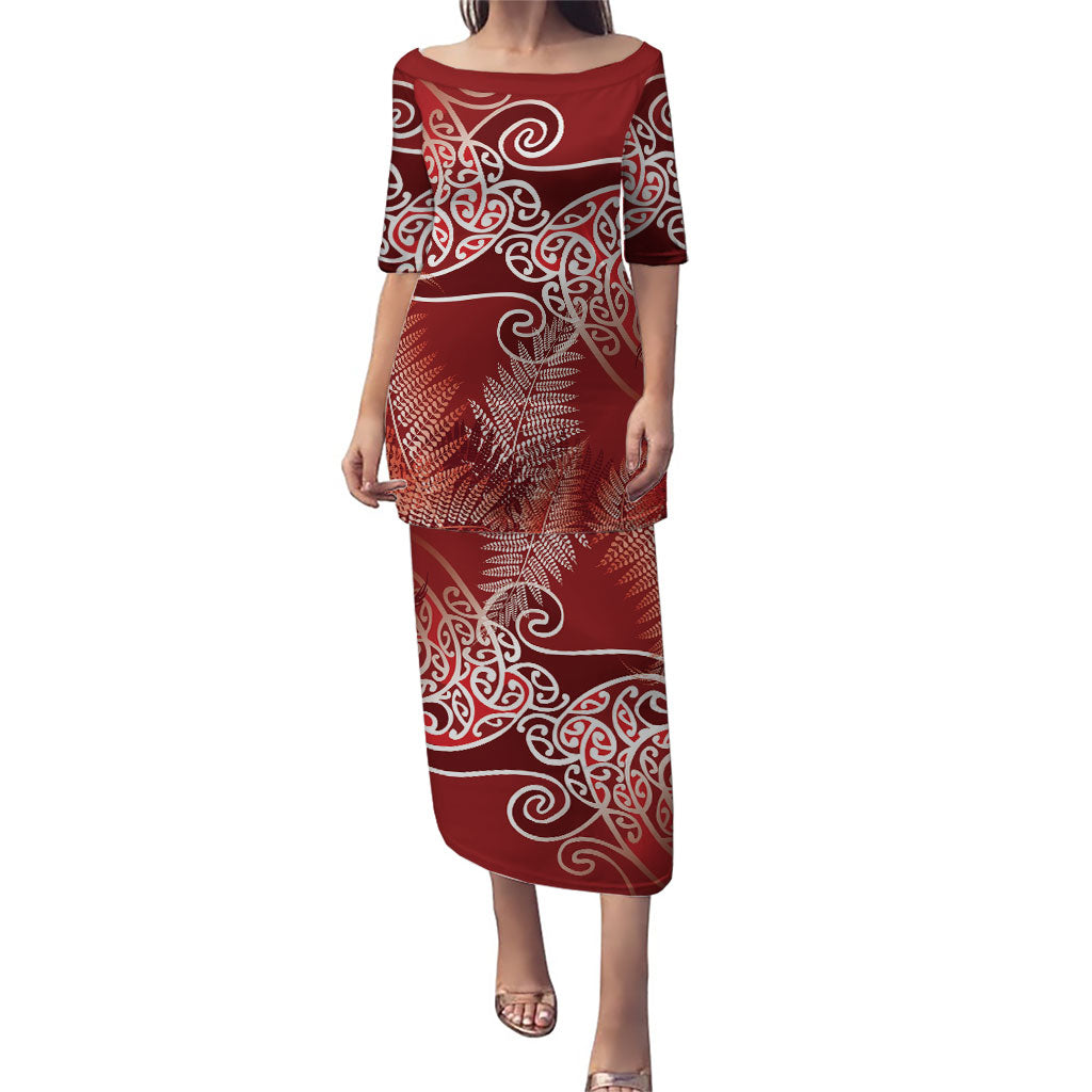Aotearoa Maori Koru Curves Family Matching Puletasi and Hawaiian Shirt Silver Ferns - Crimson Red