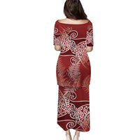 Aotearoa Maori Koru Curves Family Matching Puletasi and Hawaiian Shirt Silver Ferns - Crimson Red