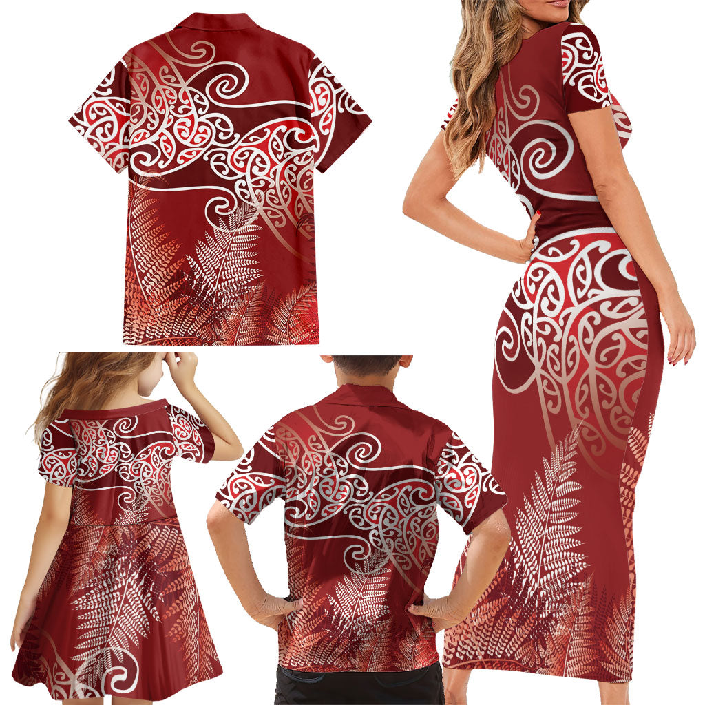 Aotearoa Maori Koru Curves Family Matching Short Sleeve Bodycon Dress and Hawaiian Shirt Silver Ferns - Crimson Red