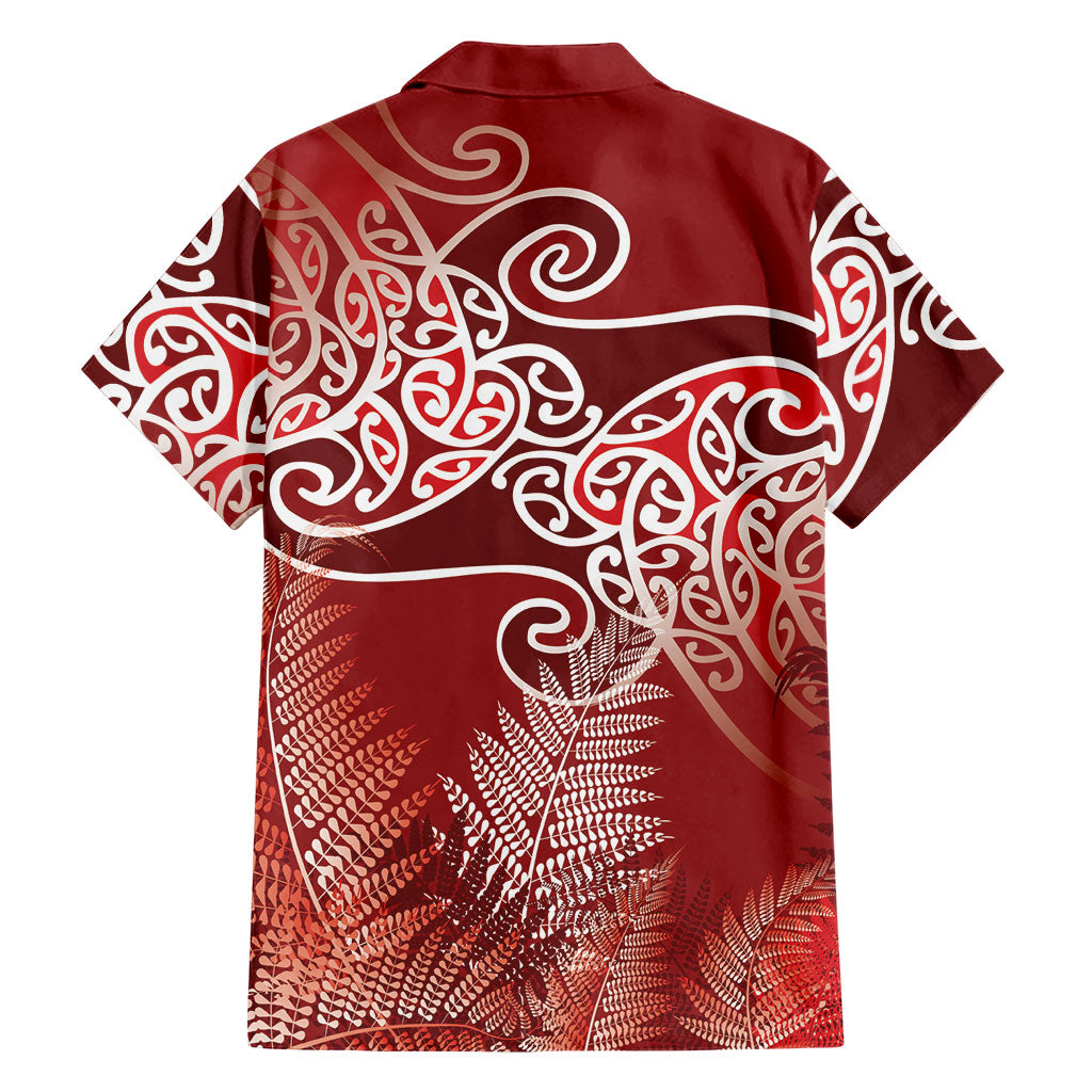 Aotearoa Maori Koru Curves Family Matching Short Sleeve Bodycon Dress and Hawaiian Shirt Silver Ferns - Crimson Red