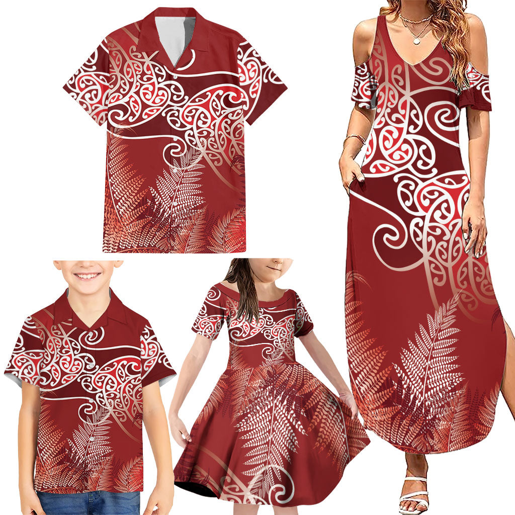 Aotearoa Maori Koru Curves Family Matching Summer Maxi Dress and Hawaiian Shirt Silver Ferns - Crimson Red